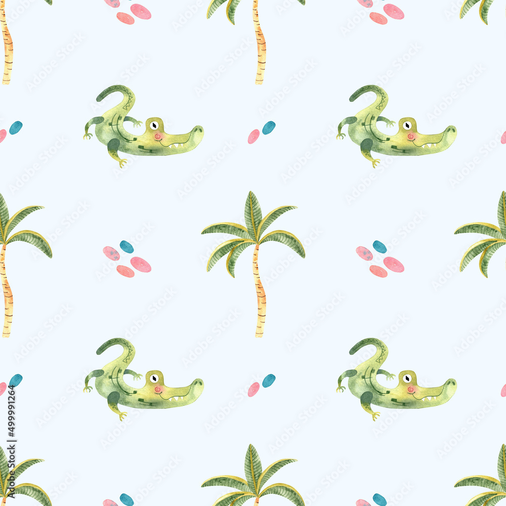 Fototapeta premium watercolor crocodile seamless pattern on blue background. Cute alligator backdrop design