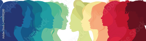 Communication group of multicultural diversity women and girls - face silhouette profile. Female social network community of diverse culture. Racial equality.Friendship. Colleagues.Rainbow