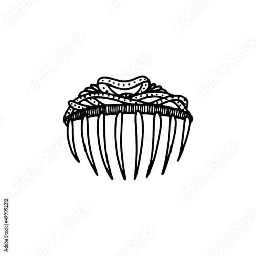 Hand drawn vintage hair comb. Vector illustration vintage accessory for woman black on white isolated.