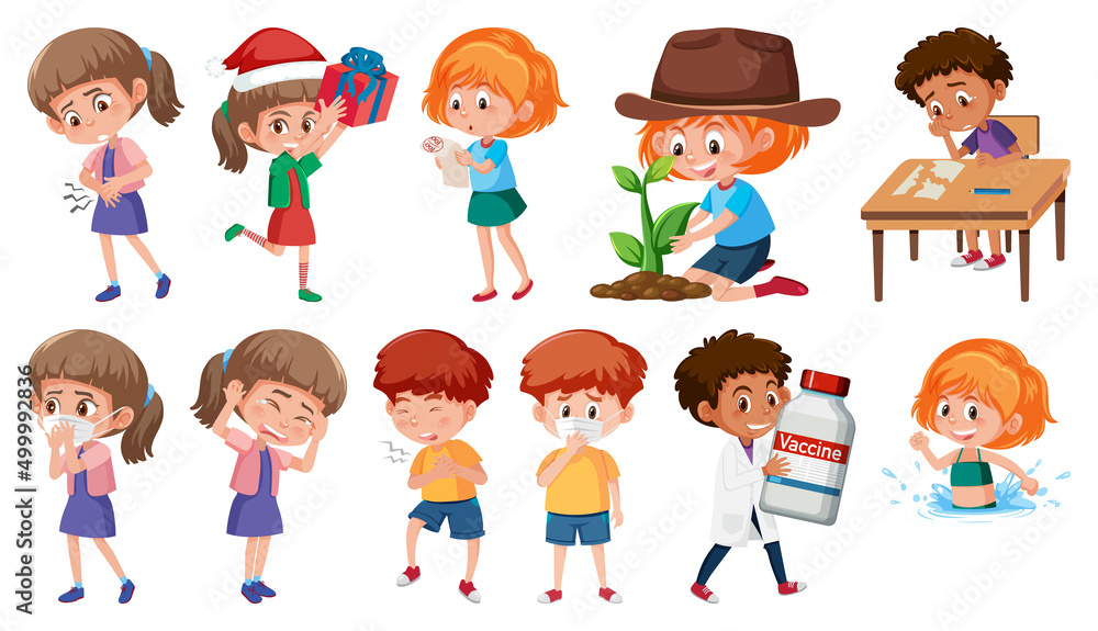 Set of children doing different activities on white background Set of children doing different activities on white background