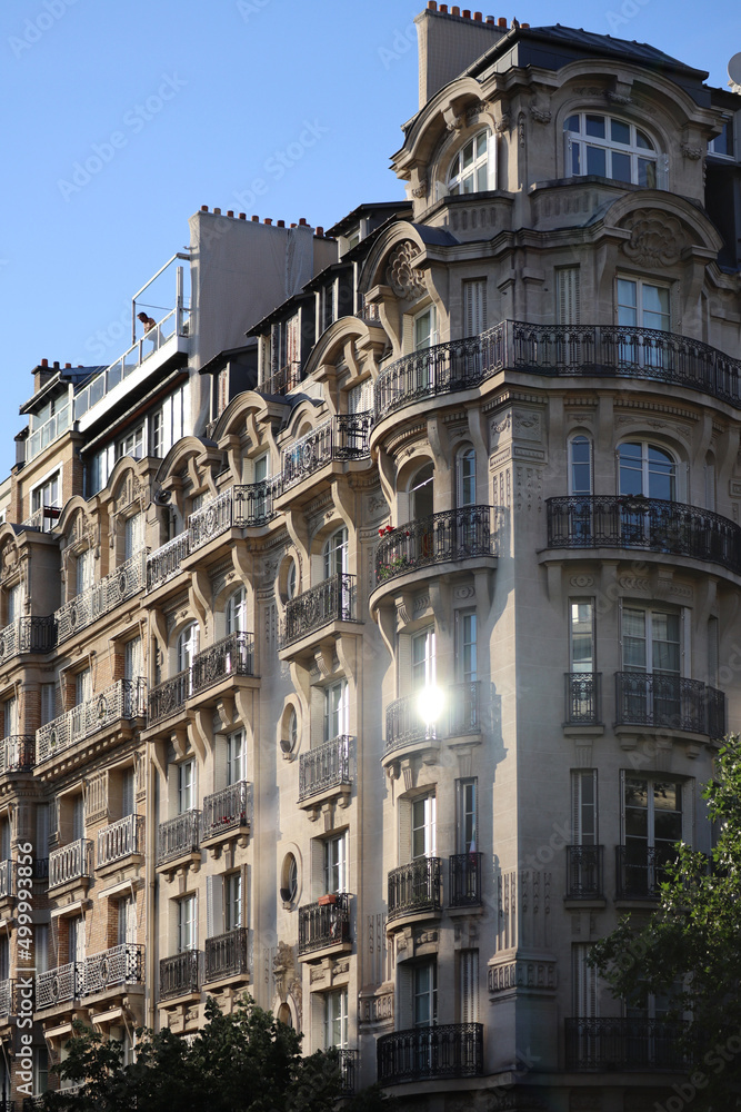 Beautiful facades of late 19th century Haussmann buildings in the 7th arrondissement of Paris