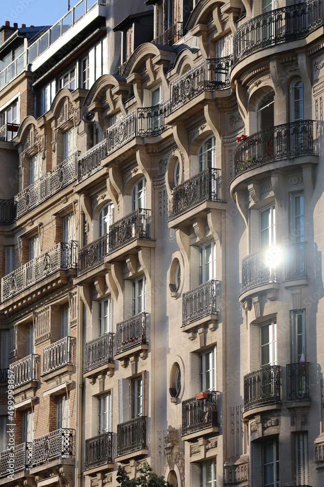 Beautiful facades of late 19th century Haussmann buildings in the 7th arrondissement of Paris