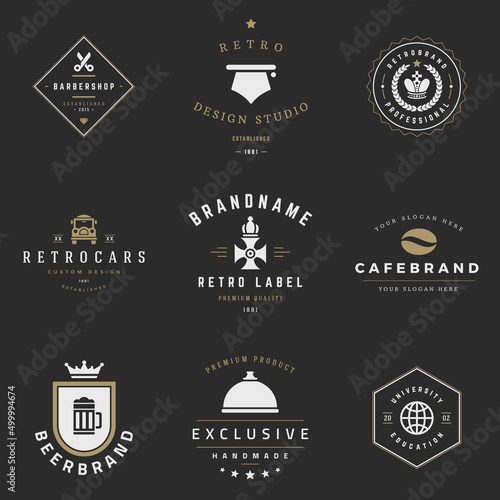 Retro logotypes vector set. Vintage graphics design elements for logos, identity, labels, badges, ribbons, arrows and other objects.