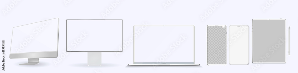 Set of modern clay devices mockups: PC, laptops, tablet computer. Vector illustration Set of modern clay devices mockups: PC, laptops, tablet computer. Vector illustration