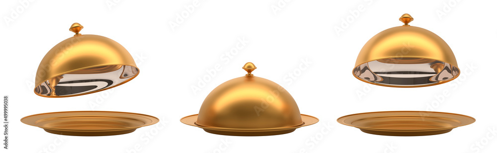 Gold tray with closed and open cloche in different angle view. Realistic set of empty golden plates with dome lids for serving hot food in restaurant, isolated on white background, 3d render mockup Gold tray with closed and open cloche in different angle view. Realistic set of empty golden plates with dome lids for serving hot food in restaurant, isolated on white background, 3d render mockup