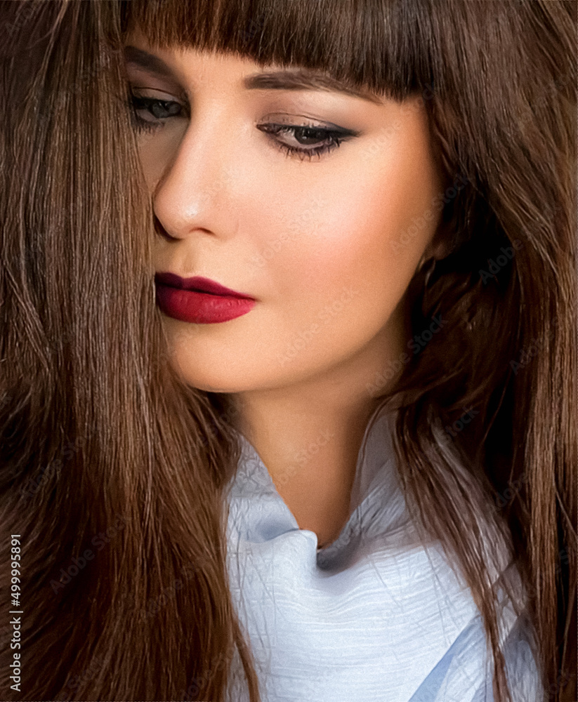 Beautiful woman beauty portrait, long straight hair fringe hairstyle and  red lipstick make-up, fashion and glamour look, skincare cosmetics and hair  care Stock Photo | Adobe Stock