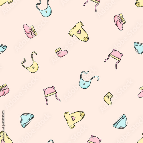 Seamless pattern clothing for a newborn baby. Vector illustration background wallpaper bodysuit beanie diapers socks.