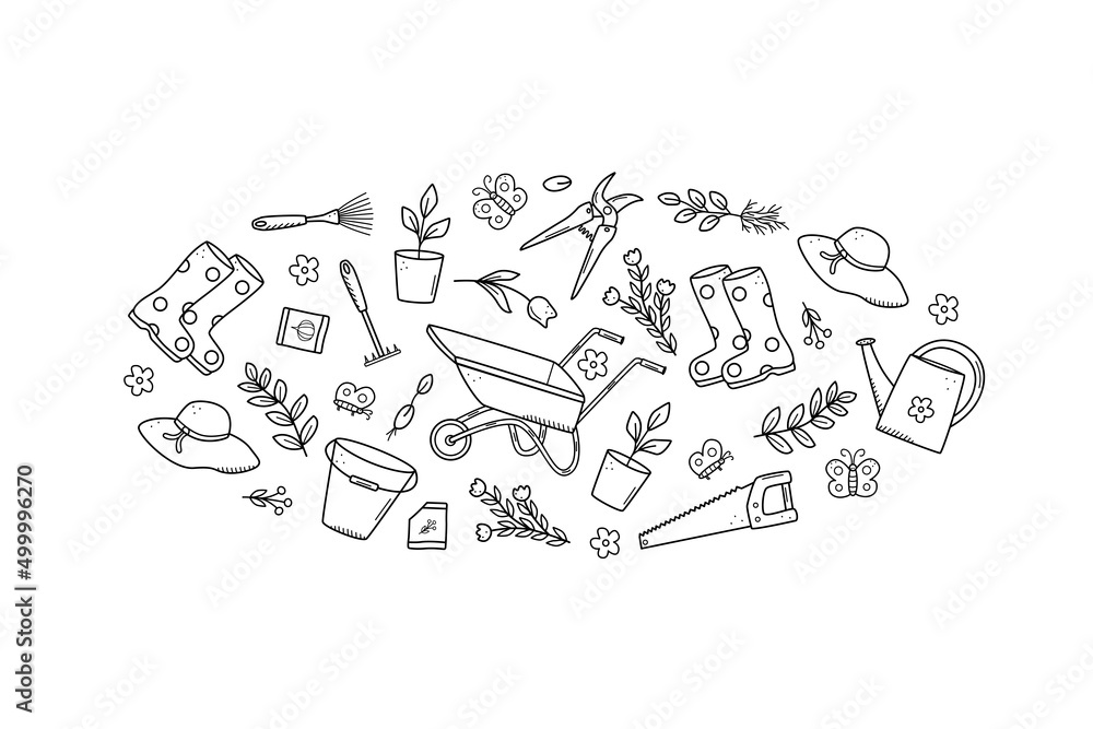 Fototapeta premium Garden tools and plants, a set of vector doodle illustrations. Concept gardening, a summer hobby.