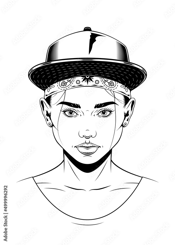 Φωτογραφία Vintage monochrome drawing of a woman face with baseball cap and bandana