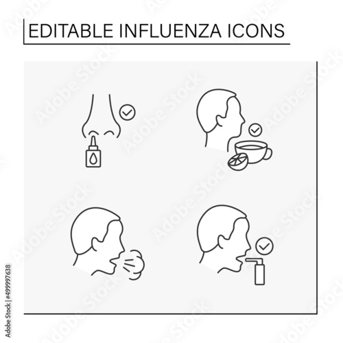 Influenza line icons set. Hot tea with lemon prevents sickness, nasal spray, shortness of breath, inhaler, Viral infections. Health care concept. Isolated vector illustrations. Editable stroke