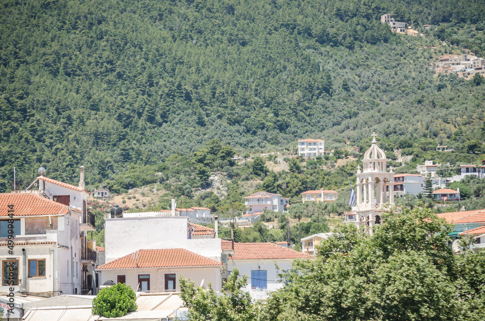 Panorama of the tourist island of Skiathos in Greece.