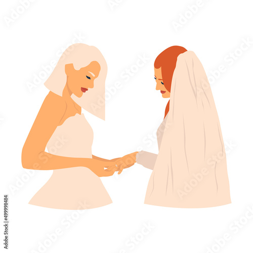 Silhouette of smiling lesbians couple wearing wedding rings on wedding day. Happy same sex spouses celebrating marriage. LGBT rights. Homosexual couples.  Hand drawn flat vector illustration.