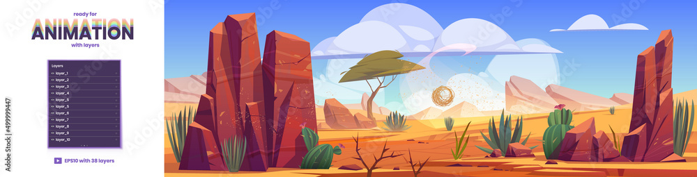 Desert of Africa natural background with layers ready for 2d game animation.  African nature landscape tumbleweed rolling along hot dry deserted land  with sand, cacti and rocks, Cartoon illustration Stock Vector |