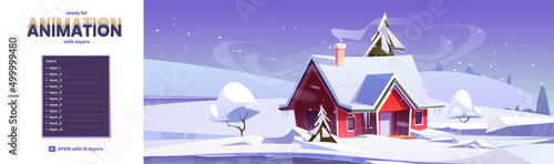 Winter landscape with house, snow fields and frozen lake. Vector parallax background ready for 2d animation with cartoon illustration of snowfall, ice rink and village cottage
