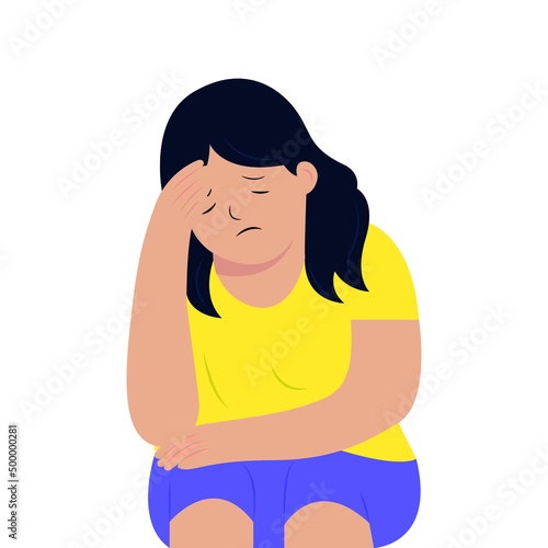 Isolated character. Tired girl. Headache. Cartoon flat illustration.