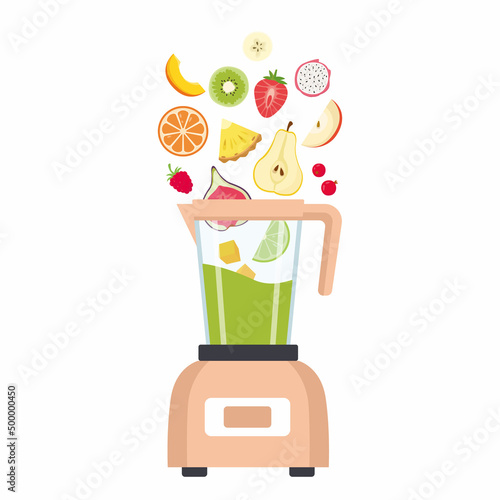 Electric blender, mixer or food processor with different types of fruit. Vector illustration in cartoon style