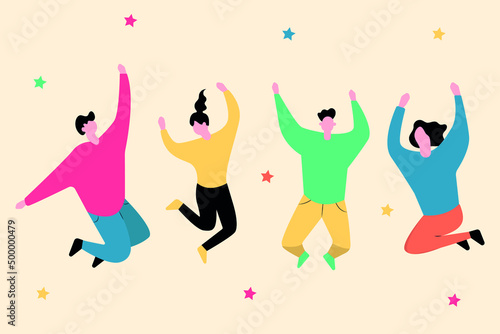 Jumping young guys  joy  fun  boys and girls dancing  hands up  happiness. Flat colorful illustration