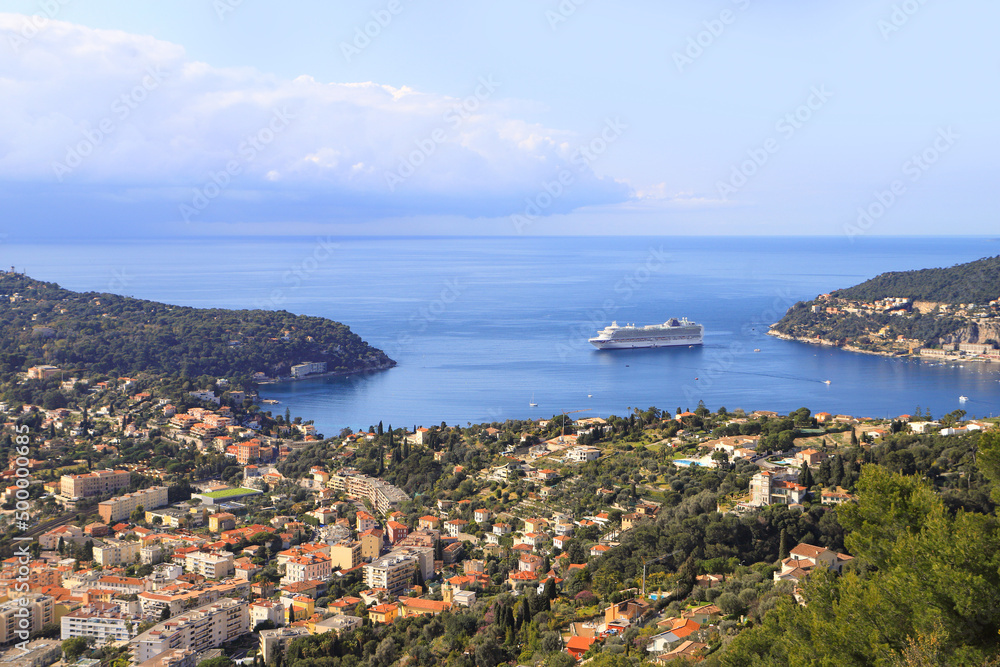 The bay from Villefranche-sur-Mer (Côte d'Azur) with a cruise ship, France