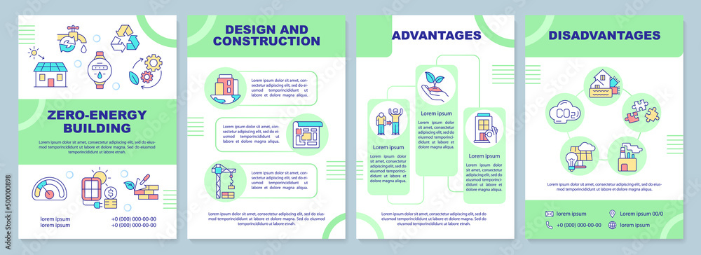 Zero energy building green brochure template. Design and construction. Leaflet design with linear icons. 4 vector layouts for presentation, annual reports. Arial-Black, Myriad Pro-Regular fonts used