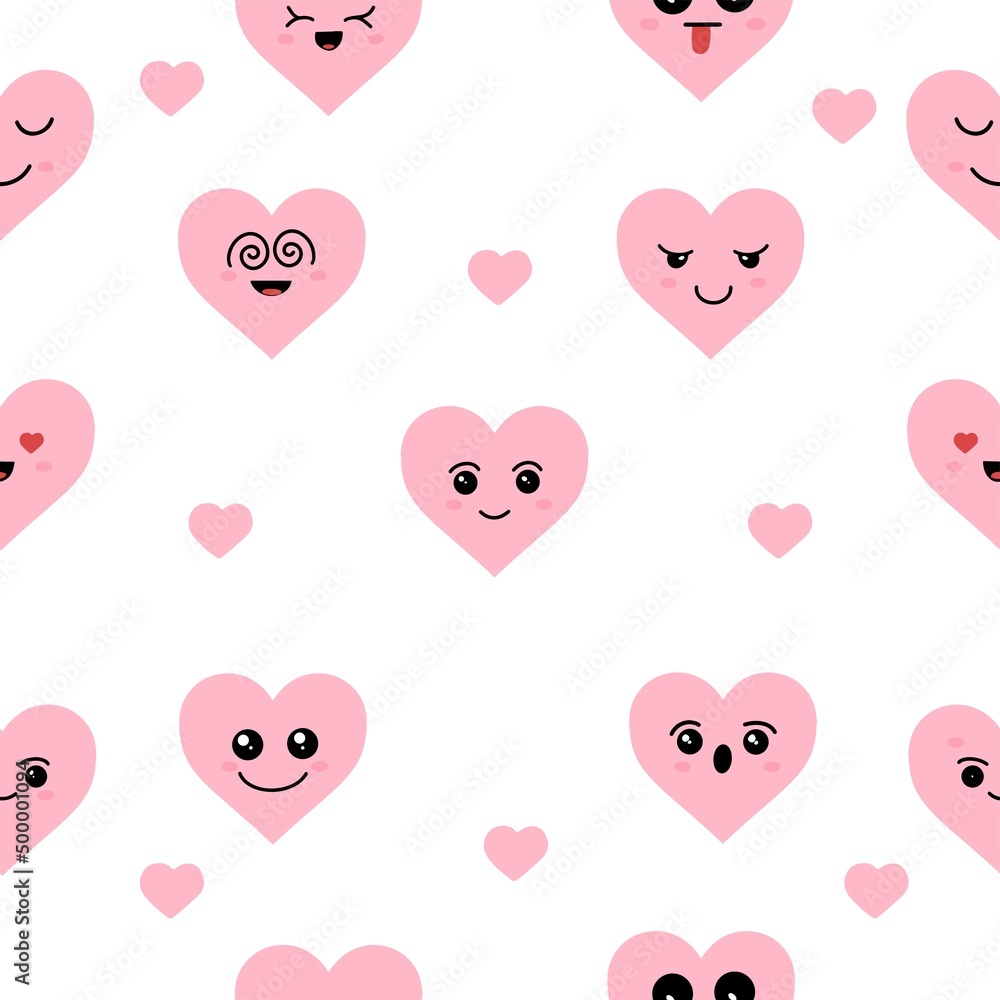 Kawaii hearts, pattern of cute emoji icons. Hand drawn emotional cartoon characters. Cute love characters with different faces, funny positive emotions. White background.