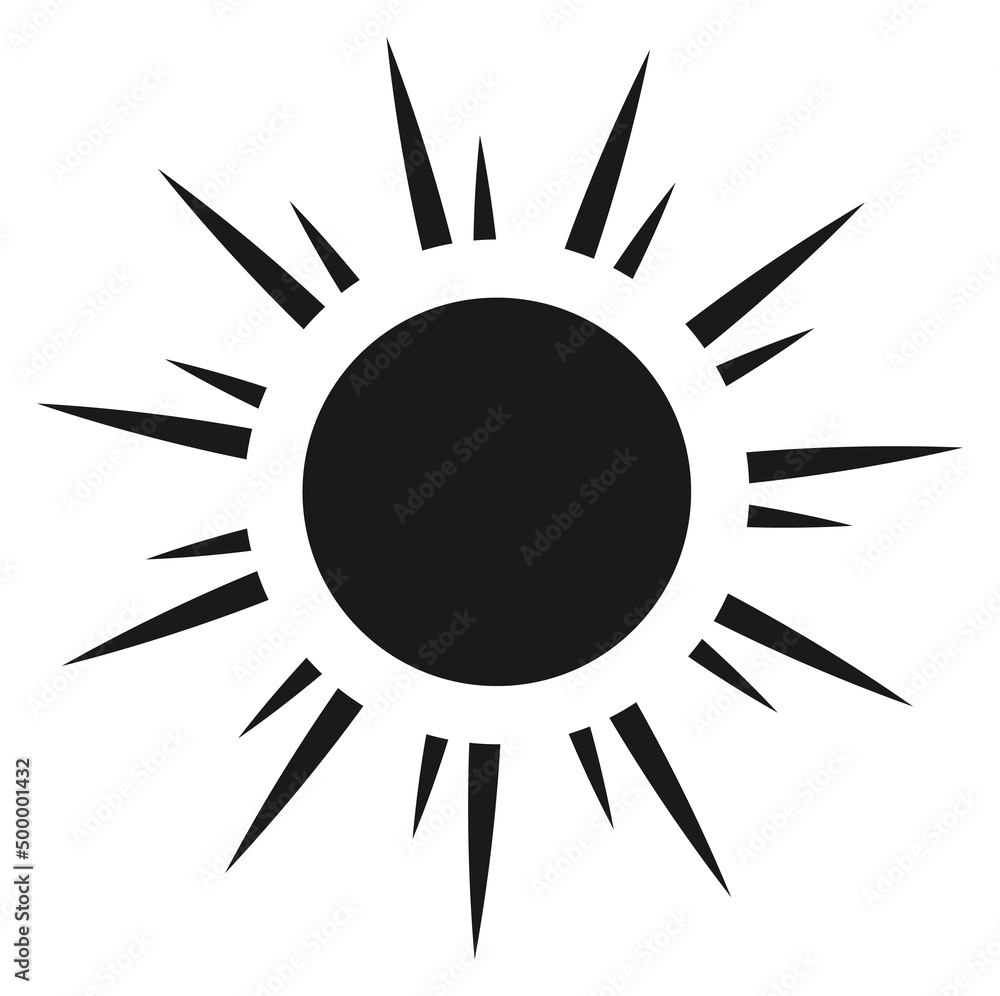 Sun icon. Black emblem. Light beam symbol