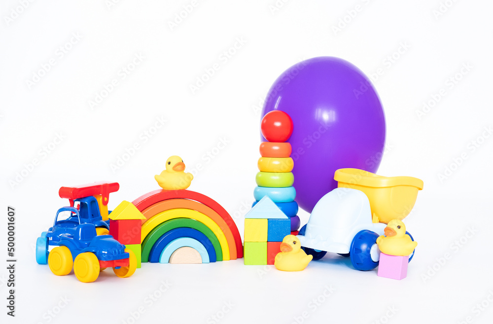 Obraz premium Children's toy wooden and colourfull and balloon toy shop isolated on white background. Educational toys.