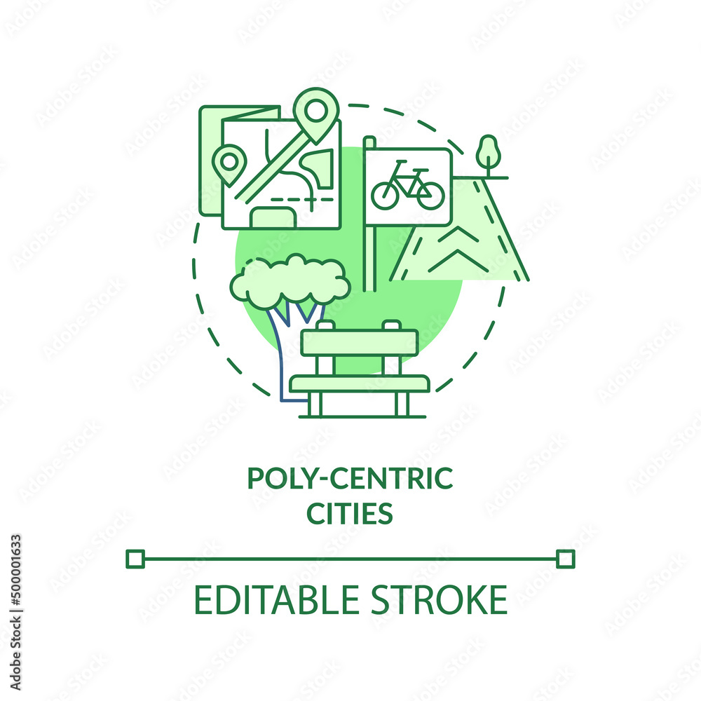 Poly-centric cities green concept icon. Urban development abstract idea thin line illustration. Metropolitan system. Isolated outline drawing. Editable stroke. Arial, Myriad Pro-Bold fonts used Poly-centric cities green concept icon. Urban development abstract idea thin line illustration. Metropolitan system. Isolated outline drawing. Editable stroke. Arial, Myriad Pro-Bold fonts used