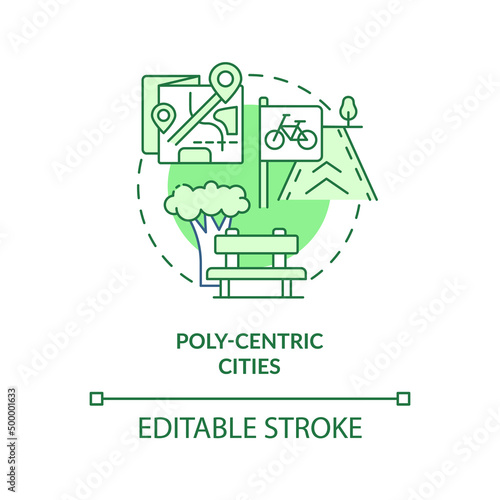 Poly-centric cities green concept icon. Urban development abstract idea thin line illustration. Metropolitan system. Isolated outline drawing. Editable stroke. Arial, Myriad Pro-Bold fonts used