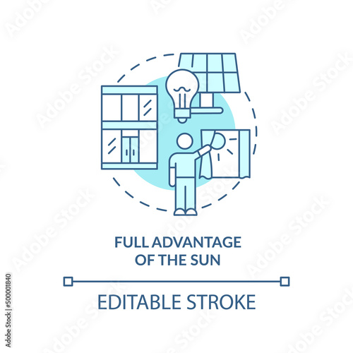 Full advantage of sun turquoise concept icon. Sustainable architecture principle abstract idea thin line illustration. Isolated outline drawing. Editable stroke. Arial, Myriad Pro-Bold fonts used
