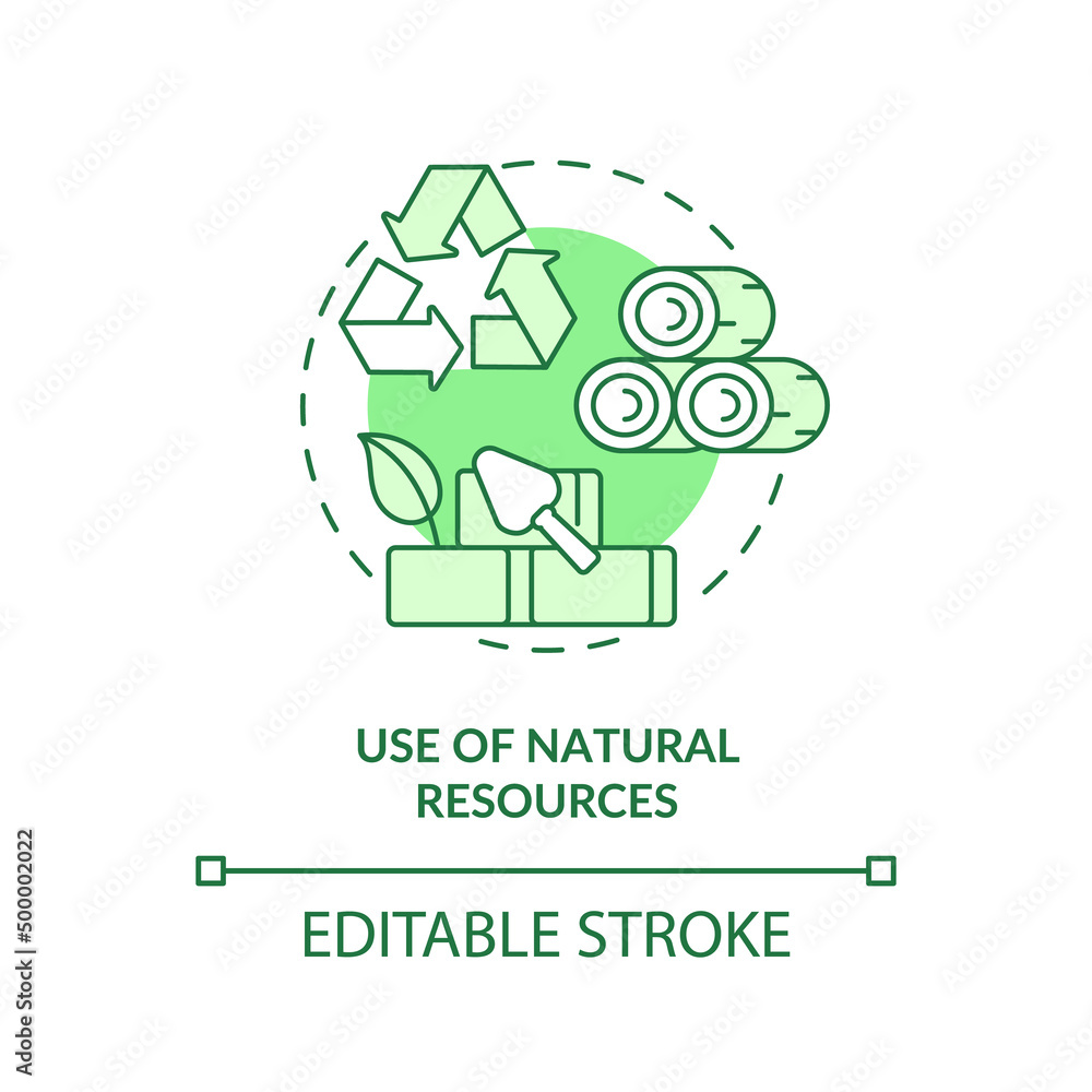 Use of natural resources green concept icon. Eco-friendly architecture principle abstract idea thin line illustration. Isolated outline drawing. Editable stroke. Arial, Myriad Pro-Bold fonts used Use of natural resources green concept icon. Eco-friendly architecture principle abstract idea thin line illustration. Isolated outline drawing. Editable stroke. Arial, Myriad Pro-Bold fonts used