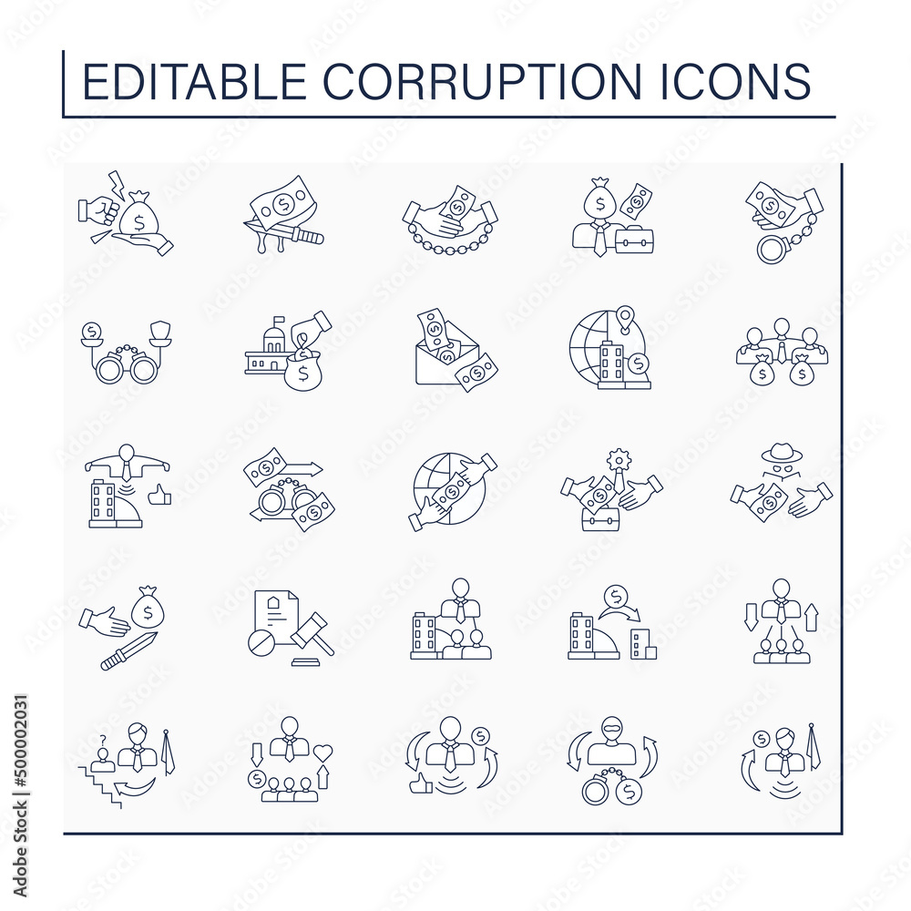 Corruption line icons set. Illegal, bad, dishonest behavior by powerful people. Crime actions. Illegal acts concept. Isolated vector illustration. Editable stroke Corruption line icons set. Illegal, bad, dishonest behavior by powerful people. Crime actions. Illegal acts concept. Isolated vector illustration. Editable stroke