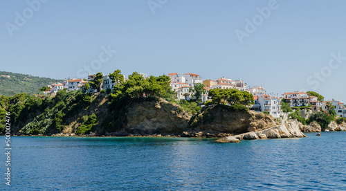 Panorama of the tourist island of Skiathos in Greece.
