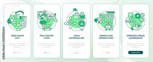 Urban development principles green onboarding mobile app screen. Walkthrough 5 steps graphic instructions pages with linear concepts. UI, UX, GUI template. Myriad Pro-Bold, Regular fonts used
