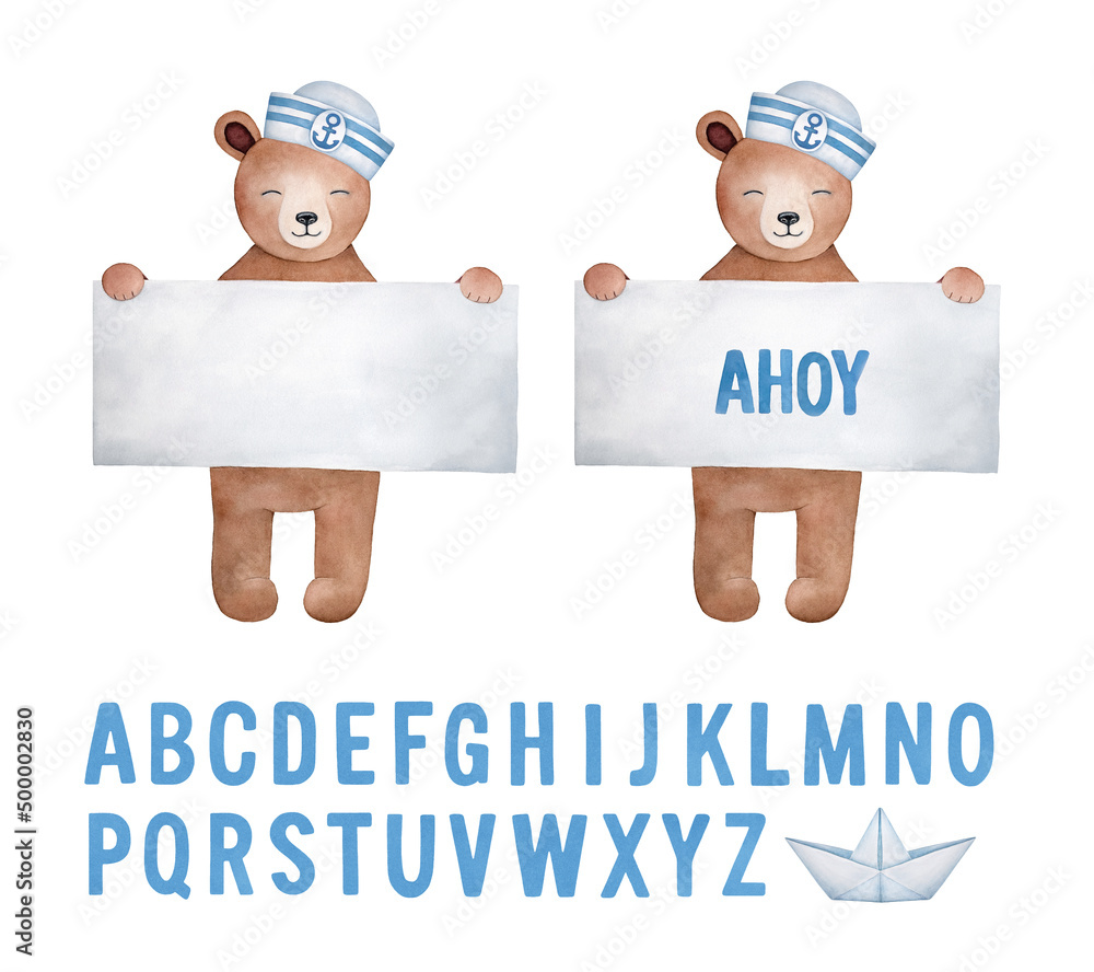 Watercolour illustration collection of cute teddy bear holding white paper board: blank one template and with lettering example and English alphabet letters. Isolated hand painted elements for design. Watercolour illustration collection of cute teddy bear holding white paper board: blank one template and with lettering example and English alphabet letters. Isolated hand painted elements for design.