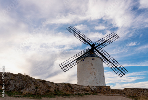 Ancient windmills in Castilla la Mancha, Spain, place of tourist interest because of Cervantes' novel, Don Quixote	
