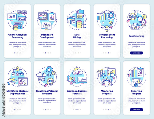 Business analytics and intelligence onboarding mobile app screen set. Walkthrough 5 steps graphic instructions pages with linear concepts. UI, UX, GUI template. Myriad Pro-Bold, Regular fonts used