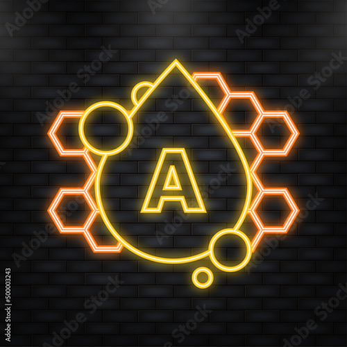 Neon Icon. Vitamin A shining pill capcule icon. Shining golden substance drop. Meds ads. Beauty treatment nutrition skin care design. Vector illustration