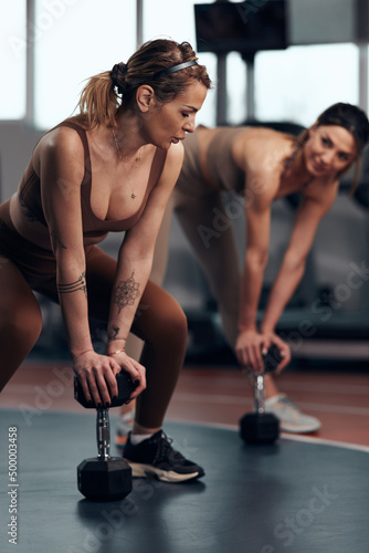 Pretty women working out in a gym. Adult ladies with beautiful shaped bodies.