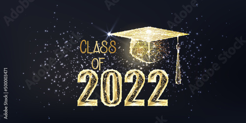 Futuristic graduation class of 2022 banner concept with glowing low polygonal golden graduation cap 