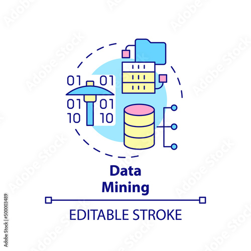 Data mining concept icon. Business intelligence technique abstract idea thin line illustration. Analyzing datasets volumes. Isolated outline drawing. Editable stroke. Arial, Myriad Pro-Bold fonts used