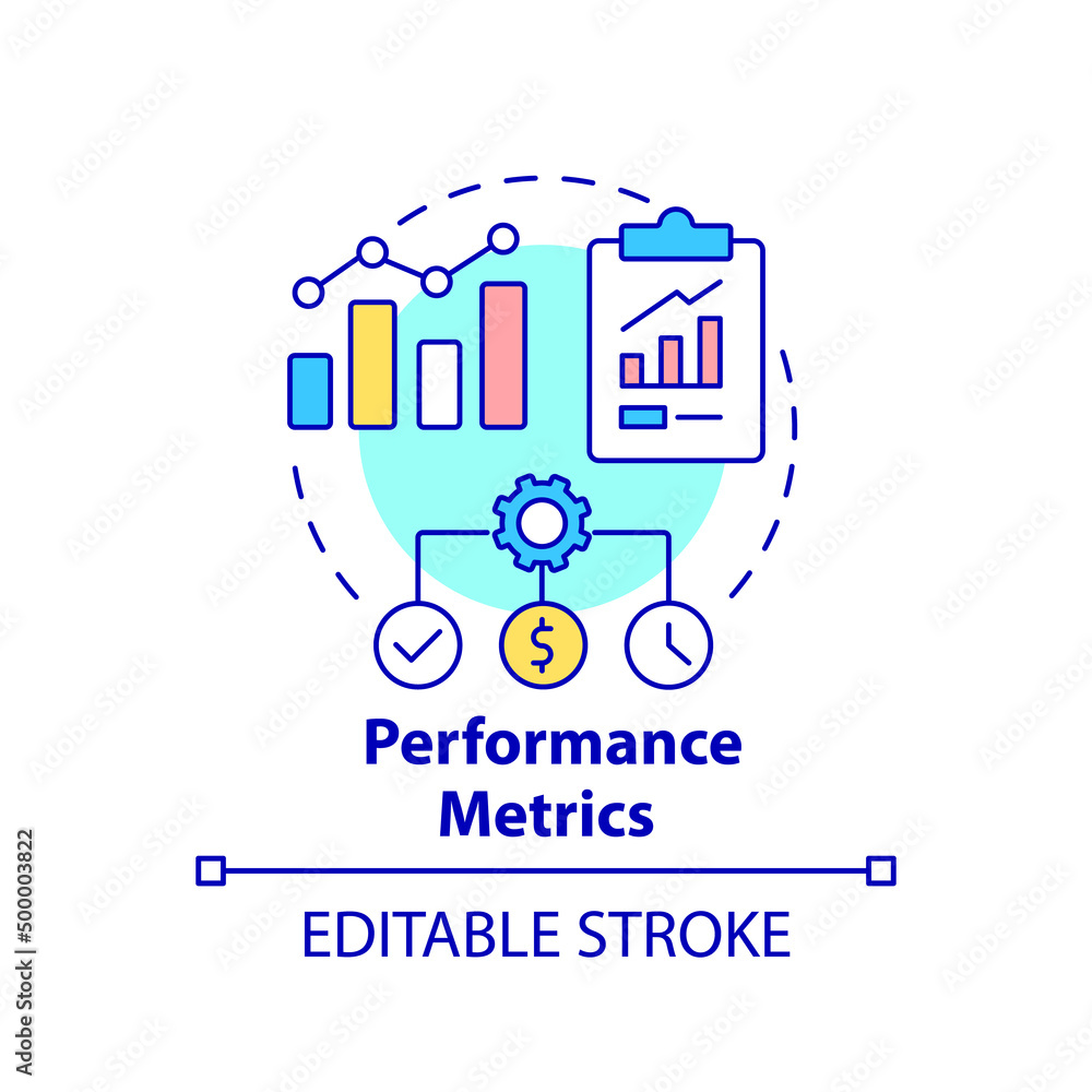 Performance metrics concept icon. Application of business intelligence abstract idea thin line illustration. Measure data. Isolated outline drawing. Editable stroke. Arial, Myriad Pro-Bold fonts used