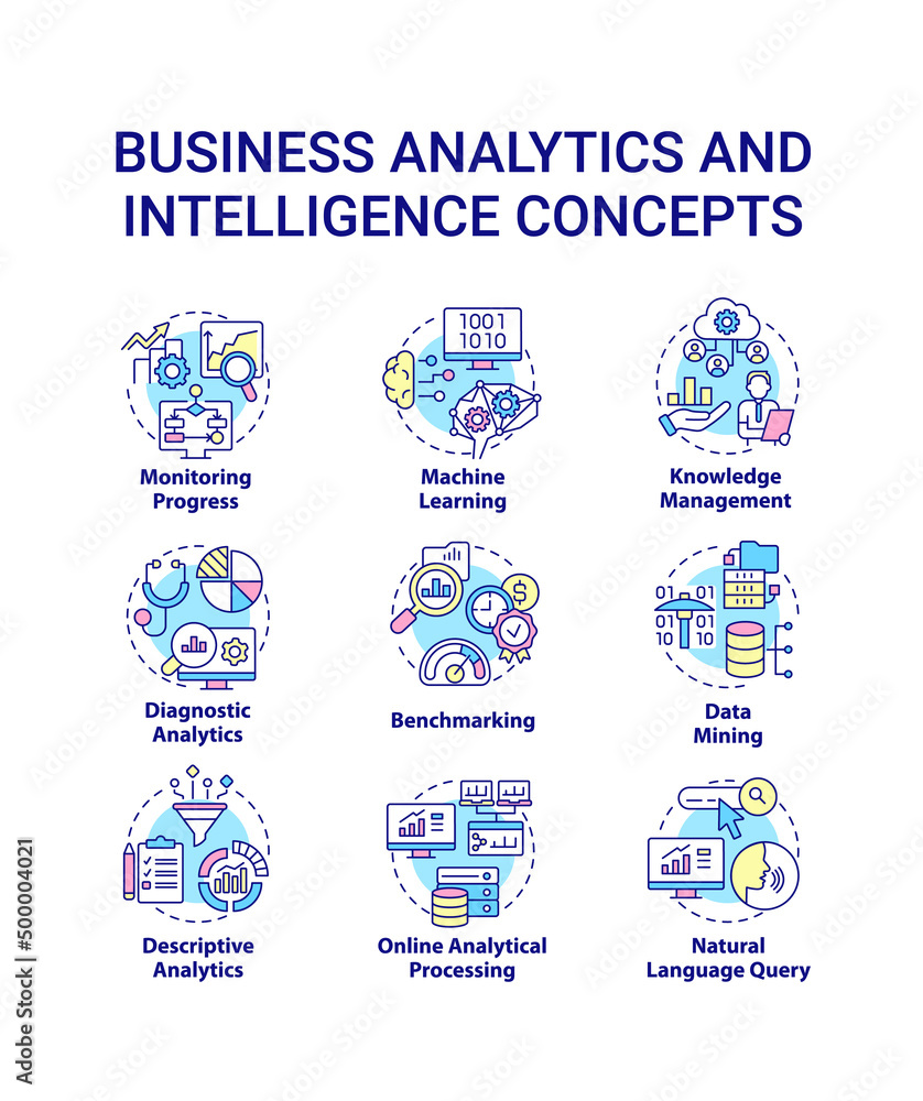 Business analytics and intelligence concept icons set. Diagnostic analysis idea thin line color illustrations. Isolated symbols. Editable stroke. Roboto-Medium, Myriad Pro-Bold fonts used Business analytics and intelligence concept icons set. Diagnostic analysis idea thin line color illustrations. Isolated symbols. Editable stroke. Roboto-Medium, Myriad Pro-Bold fonts used