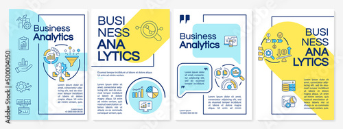 Business data analysis blue and yellow brochure template. Monitoring processes. Leaflet design with linear icons. 4 vector layouts for presentation, annual reports. Questrial, Lato-Regular fonts used