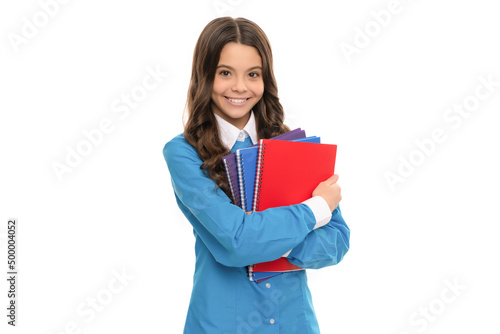 cheerful kid with homework. teenager student isolated on white. high school education.