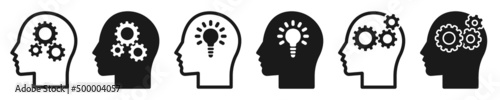 Set of thinking icons. Head with gears and light bulb. Intelligent problem solving skills, creative thinking, logical thinking. Brain idea concept. Vector illustration.