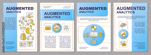 Augmented data management blue brochure template. Data science techniques. Leaflet design with linear icons. 4 vector layouts for presentation, annual reports. Arial, Myriad Pro-Regular fonts used