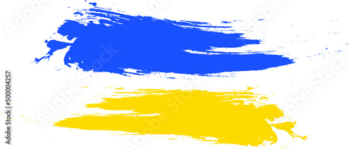 Grunge brush stroke with Ukraine national flag. Watercolor painting flag of Ukraine. Symbol, poster, banne of the national flag. Style watercolor drawing. Vector Isolated on white background.