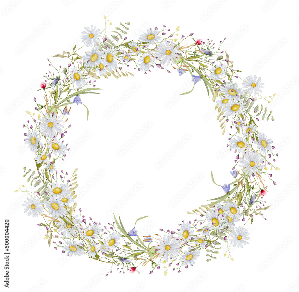 Wild flowers watercolor wreath botanical hand drawn illustration Wild flowers watercolor wreath botanical hand drawn illustration