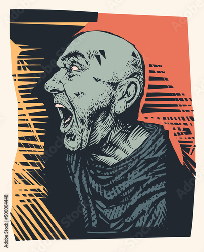 Screaming head. Aggressive shaven-headed man. Gravure style, vector illustration