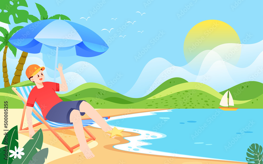 Boy sunbathing by the beach in summer, vector illustration